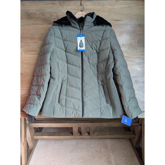 Nautica Puffer Jacket Womens Large Sage Stretch Detachable Hood Fleece Full Zip - Picture 1 of 4
